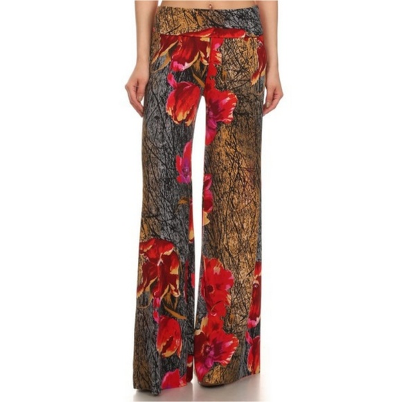 Pants - Palazzo Pants Distressed Gold Red Floral Print